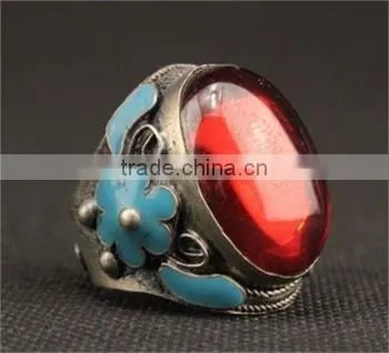 Miao Silver Ring Carved Mosaic Artificial Red Zircon Ring