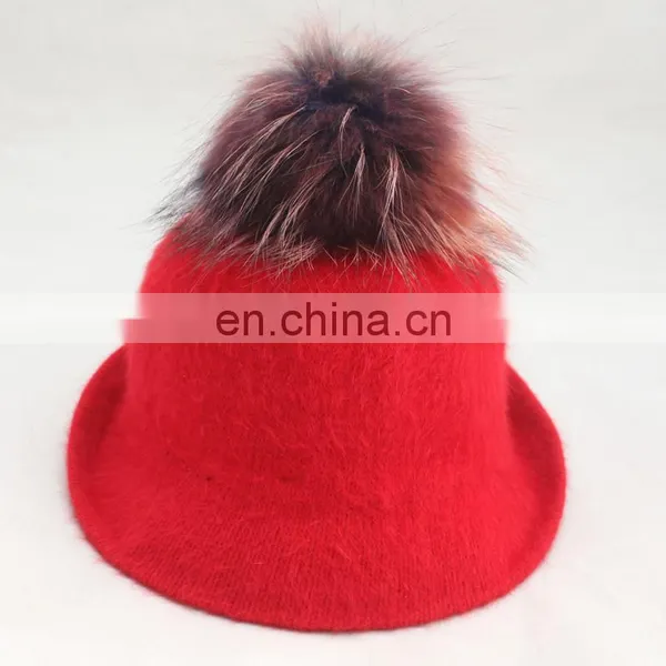 New Fashion Wholesale Ladies Red Straw Fedora Hat With Real Fur Pom Pom photo-2