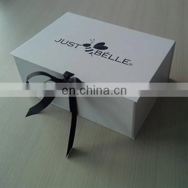 Large Size Folding White Cardboard Boxes Flat Pack With Logo Black Stamping Ribbon Closure For Handbag Luxury Packing photo-3