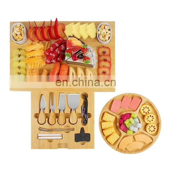 Unique Bamboo Cheese Board and Knife Set Charcuterie Platter Serving Tray Including 4 Knife Set For Housewarming photo-2