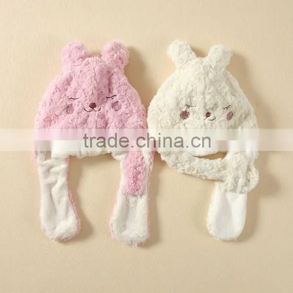 Infant Rose Velvet Winter Earflap Cap Baby Girl Knitted Cartoon Rabbit Style Hat
