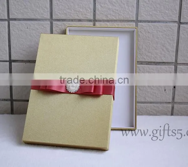 Luxury Handmade Gold Wedding Invitations Box With Ribbon Bow photo-4