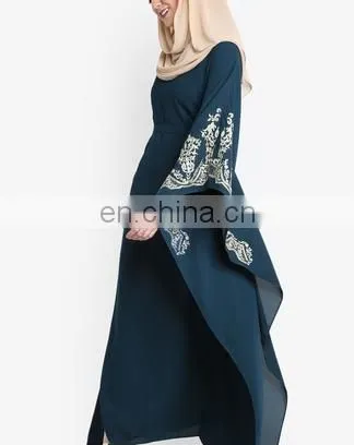 Women V-Neck Blue Abaya Muslim Dress With Embroidery photo-5