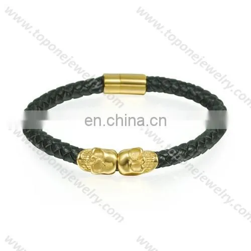 2017 Fashion Jewelry Skull Bracelet for Man Black Leather Stainless Steel photo-4