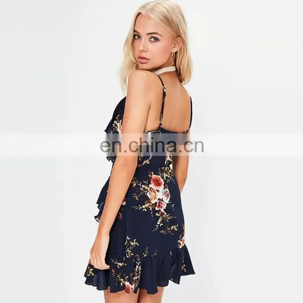 Navy Strappy Printed Flounce Backless Mini Lady Wrap Dress photo-4