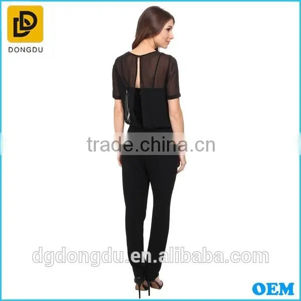Latest Style Hot Sale Illusion Short Sleeves Elasticized Waist Jumpsuit For Women photo-3