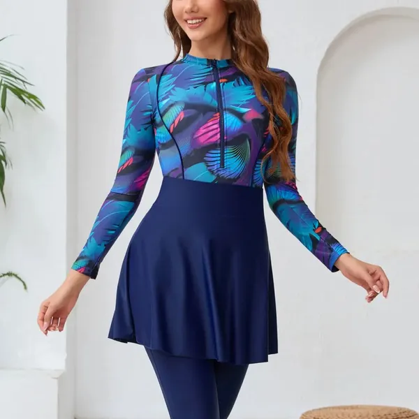 UPF 50+ 3 Piece Full Covered Long Sleeve Zip Rash Guard With Pants Muslim Islamic Women Swimwear