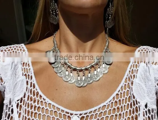 Chunky Punk Tribal Retro Antique Silver Coins Plated Alloy Bib Choker Necklace photo-3