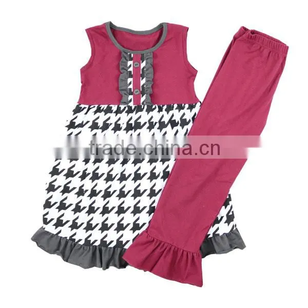 Wholesale 2016 Children Outfit Houndstooth Printed Dress Match Wine Triple Ruffle Pants Clothing Set Baby Girl Fall Clothes photo-2