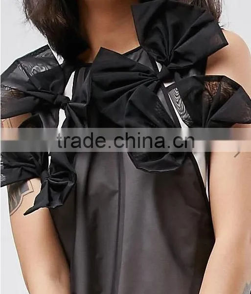 Summer Dress For Women Black Lightweight Organza Contrast Lining Crew Neck Bow Detail Midi Organza Dress photo-6