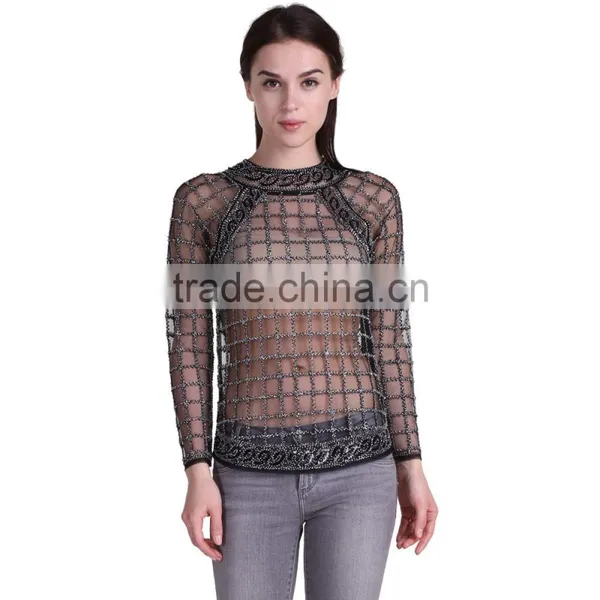 Domin Fashion Wholesale Beading Design Ladies Tops Images photo-3