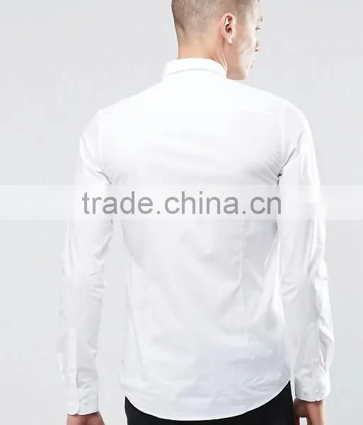 Guangzhou High Quality Custom Long Sleeve Spread Collar Chest Pocket Mens Cotton Elastane Casual Skinny Fit White Solid Shirts photo-2