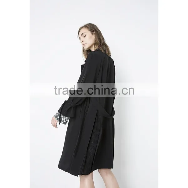 2018 Fashion Women Classical Black Plain Collar Belted Long Trench Coat photo-3