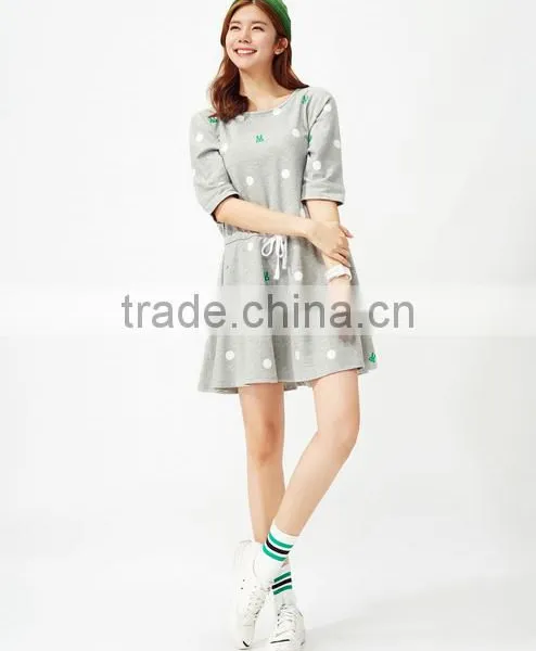 Female Money Shallow Hemp Grey Knitted Rabbit Dot Printing on the Waist Rope Bat Sleeve Dress photo-4