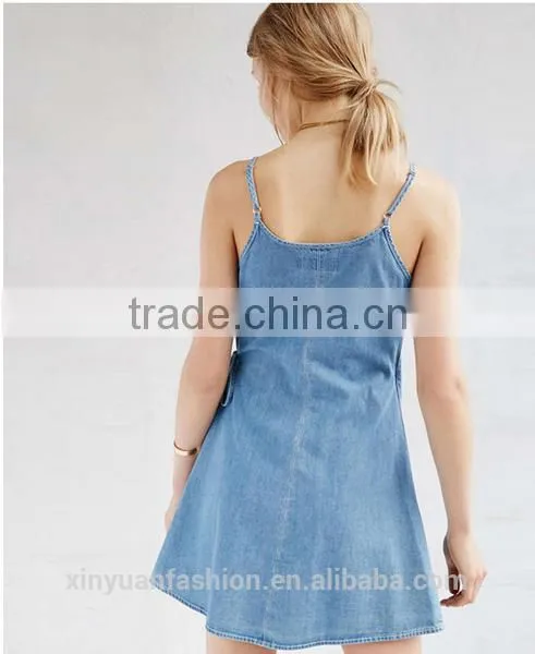 Apparel Denim Sexy Blue Plunge Neck Dress Spaghetti Strap Sashes Wrap Dresses Backless Sleeveless Street A-line Dress photo-5