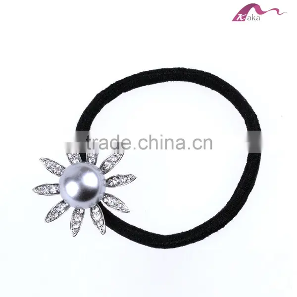 Wholesale Elegant Korean Style Girls Big Pearl Decorative Crystal Flower Elastic Hair Band For Pony Tail Rubber Rope photo-2
