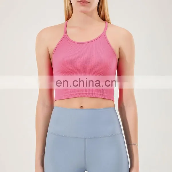 Breathable Lightweight Ribbed High Stretch Crop Top Sports Gym Yoga Bra Sexy Straps Women Fitness Training Athletic Wear Clothes photo-4