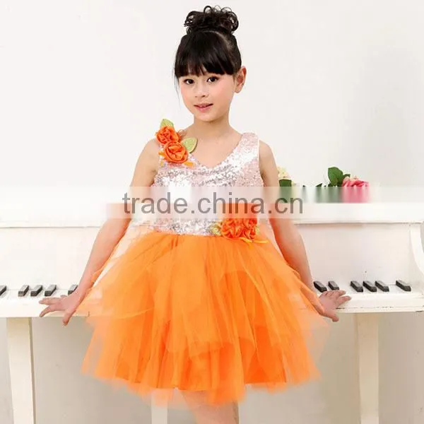 In-stock Children Princess Modern Dance Costume Sequin Dance Costume School Girls( Pink , Green, Orange) photo-2