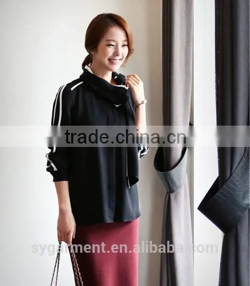 2015 Fashion Women's Black Blouse With Scarf Only Ladies Blouse Design Big Size Clothes