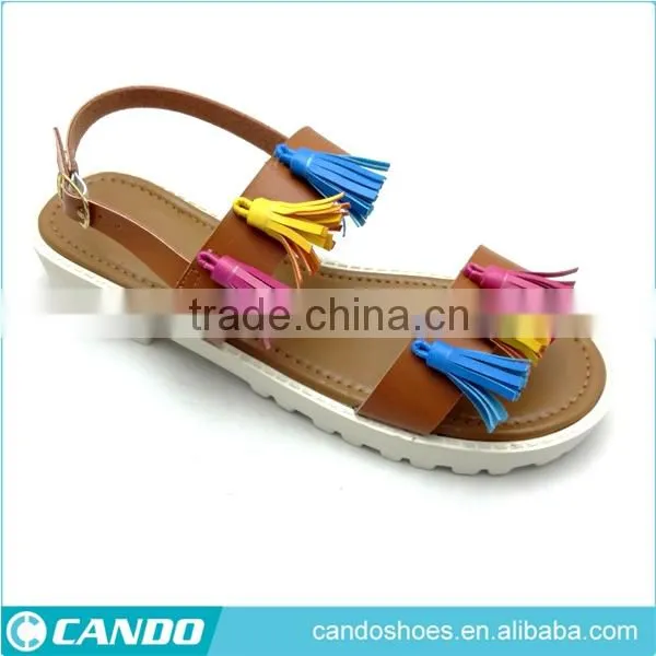 Latest Ladies Fancy Design Black pu Leathaer Flat Sandals With Ankle Tassel Strap Women Summer Shoes Pictures