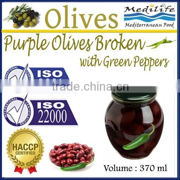 High Quality 100% Tunisian Table Olives,Purple Olives Broken With Green Peppers, Purple Olives 370 ml Glass Jar