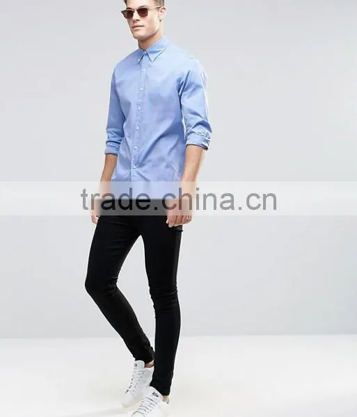 Guangzhou High Quality Custom Long Sleeve Spread Collar Mens 100% Cotton Poplin Casual Slim Fit Blue Solid Shirts photo-4