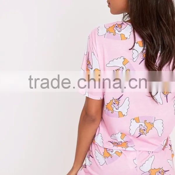 Custom Made Women Pyjama Set Pale Pink Unicorn Short PJ Set Digital Print Full Print Pajama Set photo-2