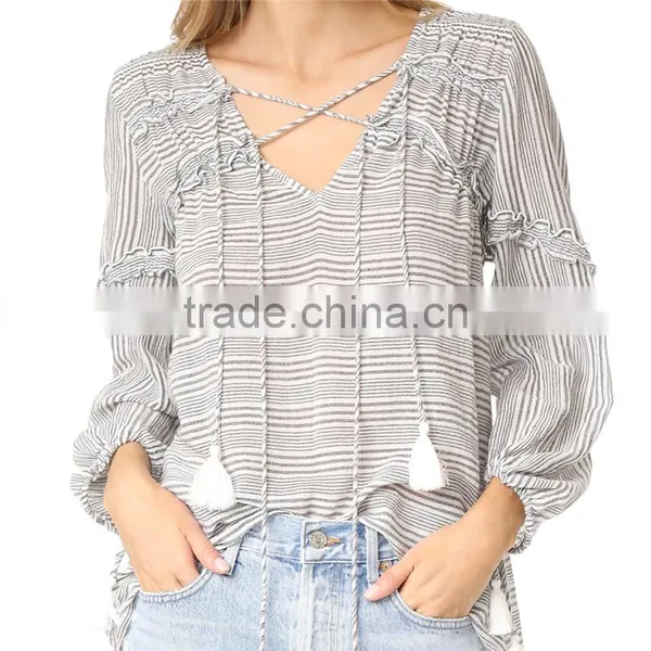 2017 OEM Femme Striped Gauze Tassel Girdle Holiday Blouses photo-2