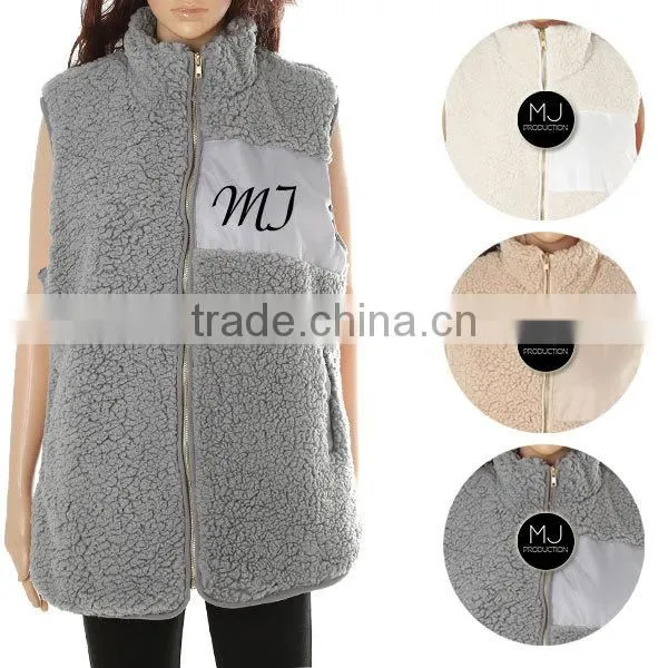 LOW MOQ Wholesale Women Winter Full Zipper Monogrammed Sherpa Vest With Patch photo-2
