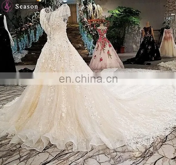 LS00308 Flower Pattern Elegant See Through Muslim Lace Bridal Lehenga Gown Empire Wedding Dress photo-3