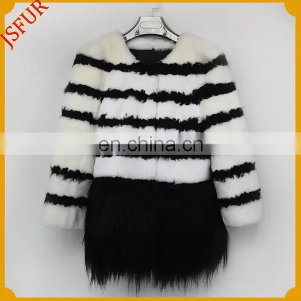 2015 Newest Striped Winter Coat Natural Fur Round Collar Rabbit Fur Coat photo-3