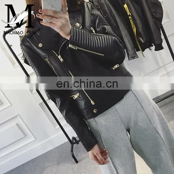Wholesale Spring Female Long Sleeve Short Beaded Motorcycle Jacket Excelled Leather Jacket photo-3
