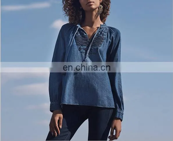 J0831 New Arrival Fashion Vintage Ethnic Embroidery Womens' Denim Shirt photo-3