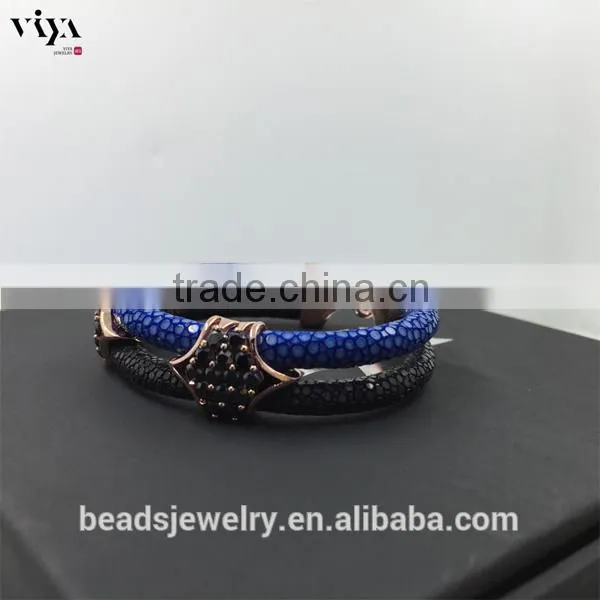 2016 New Custom Men Double Leather Stingray Rose Gold Black Stone Bracelet