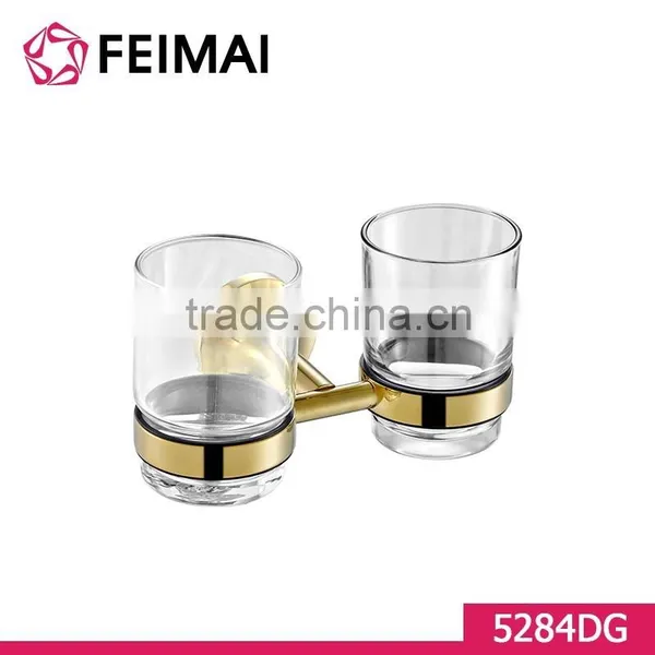 Simple Design Brass Gold Finished Double Tooth Brush Glass Holder photo-3