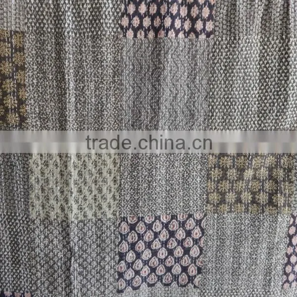 Indian Block Print Bedspread, Handmade Kantha Quilt patchwork