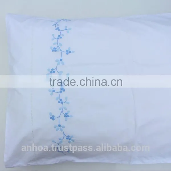 Blue Flower Embroidered Pillow Case ,white Cotton Pillow Covers With Hemstitch photo-2