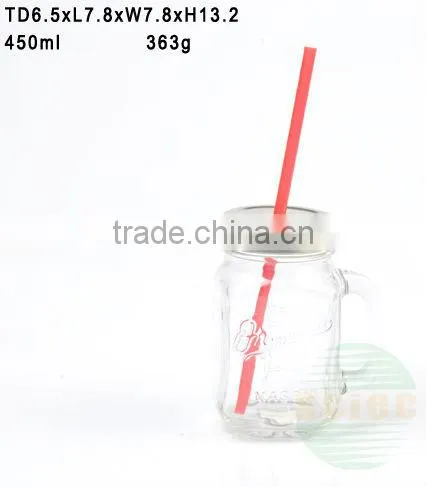 Glass Mason Jar With Metal Lid and Straw