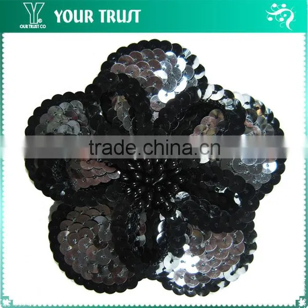 Black Flat Sequin Black Bead Double Flower Applique Patches