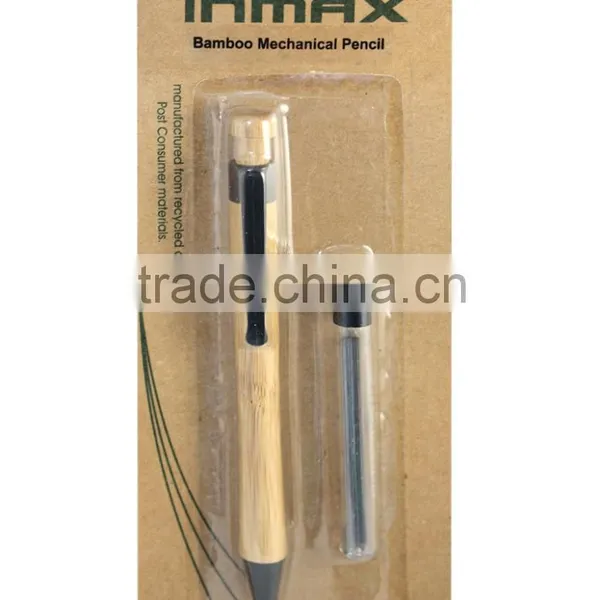 Black Plactic Clip and Tip Bamboo Barrel Mechanical Pencil and Pencil Lead in Blister Card Set