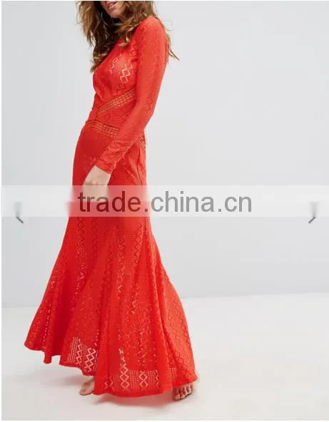 OEM Service Formal Dress Round Neck Sexy Back Open Tight Pencil Women's Lace Long Sleeve Evening Dress photo-2