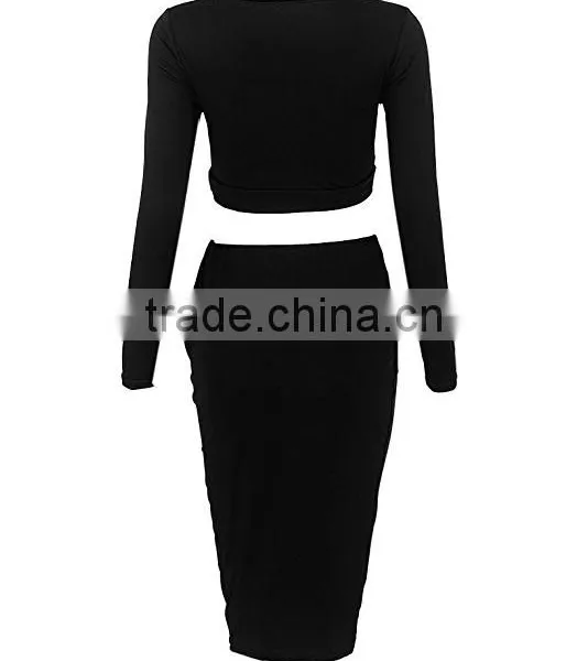 Pictures of Long Skirts and Tops for Sexy Womens 2Pcs Crop Top Midi Skirt Stretch Party Bandage Dresses photo-6