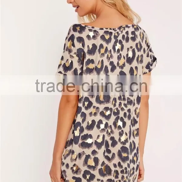 MGOO 2017 Custom Made Leopard Print Night T-shirts 35% Cotton 65% Polyester Short Sleeves Loose Pyjamas photo-3