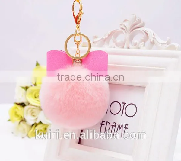 Sweety Cute Koreal Style Rex Rabbit Fur Balls Keychain With Bowknot Leather Keychain photo-6
