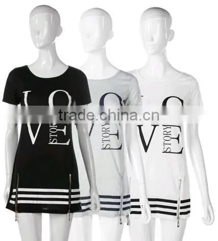 1PCS M-XL Women Love Letter Print O Neck Short Sleeve Zipper Long Above Knee Straight Dress Summer Casual Dress Tops Blouse photo-6