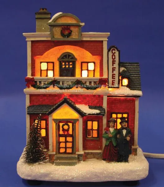 Christmas Church House With LED Lights Coffee Shop Musical Ski Scene With Polyresin Christmas House Decoration