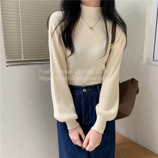 Half Turtleneck Pure Color Inside With Knit Bottom Shirt Fall and Winter 2021 New Pit Strip Loose Sweater Women's Jacket Students