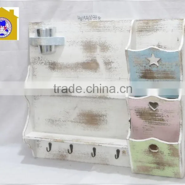 Hongwei 2015 New Design Hooks Distressed Antique Wooden Wall Shelf With Mirror and Drawer for Home Decor.HW15A0038&HW15A0039 photo-2