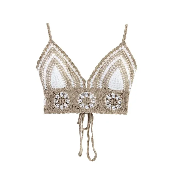 Sweet and spicy girl vacation style set, female sexy hollow hook flower hanging neck strap vest