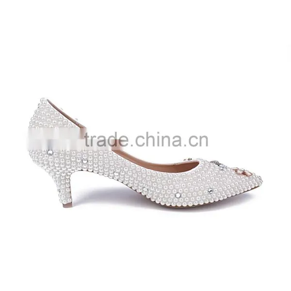 Pearl Beaded Pointed Toe Low Heels Diamond&flower Embelished Oem Designer Heels Women Wedding Dress Shoes photo-3